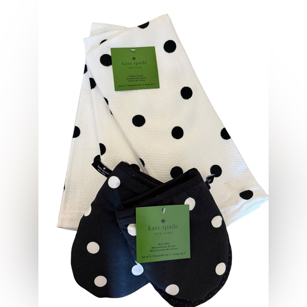 kate spade Black and White Polka Dot (3) Kitchen Towels & Mitt Set NWT